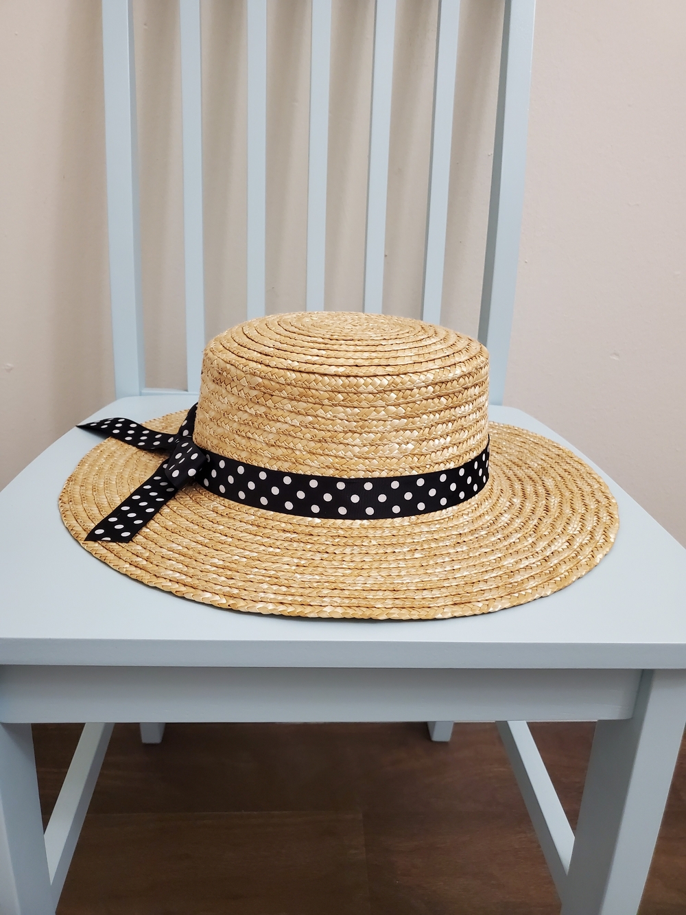 Natural Straw Wide-Brim Hat with Black Polka Dot Ribbon